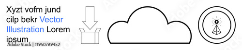 Cloud computing, data storage, cybersecurity, file transfer, digital safety, technology. A cloud with download arrow and security icon. Cloud computing and cybersecurity concept