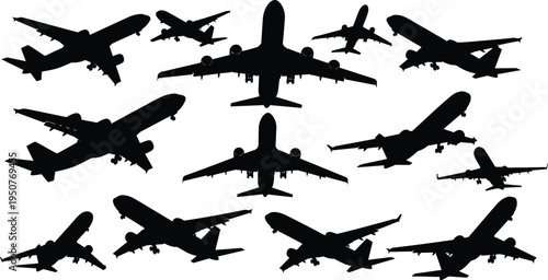 Airplane silhouettes collection set, commercial passenger jet aircraft in multiple angles isolated on white background vector illustration