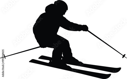 Silhouette skier descending snowy mountain slope with ski poles and equipment winter sport