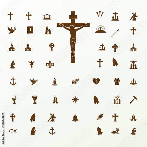 Good Friday Religious Silhouette Icon Set with Cross Crown of Thorns Nails Bible Dove and Christian Faith Symbols Vector