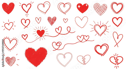 A collection of red heart drawings on transparent background