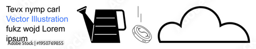 Business growth, investment strategies, cloud computing, savings, financial planning, sustainable development. A watering can pours a coin into a cloud symbol. Business growth and investment