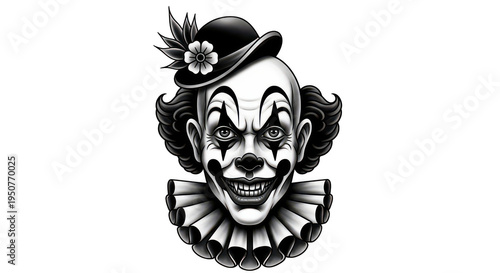 A creepy clown face with a black hat and flower on a transparent background