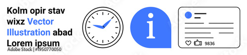 Time management, social media, information sharing, online communication, digital content creation, design concepts. Clock icon, information symbol and social media card layout. Time management