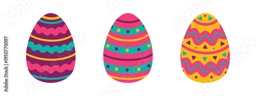Happy Easter egg set with vibrant patterns and ornamental shapes. Cute spring holiday icons ideal for festive designs, cards, and seasonal decorations with cheerful colors