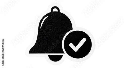 A notification bell icon with a checkmark on a solid black background on transparent background