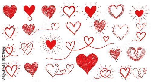 A collection of red heart drawings on a black background on transparent background