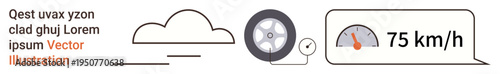 Transportation, automotive diagnostics, speed monitoring, connectivity, fuel efficiency, data analytics. a speedometer, tire cloud symbol. Transportation and automotive diagnostics concept