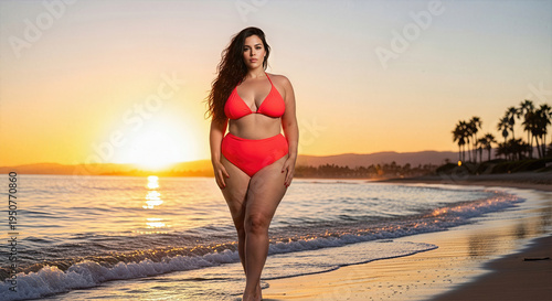 Curvy Caucasian woman in red bikini on the beach at sunset, self-confident expression and authentic beauty