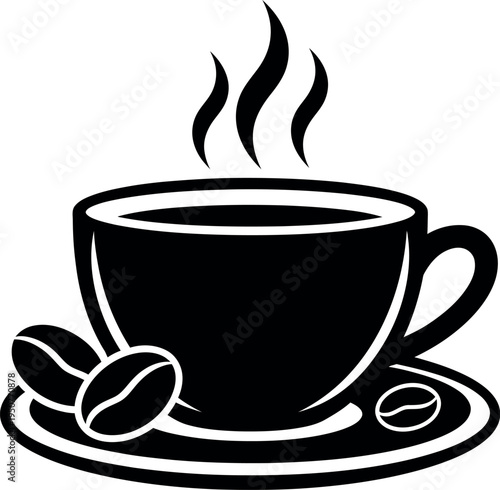 Black and white steaming cup of coffee with beans on saucer