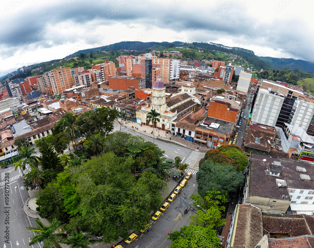 Fototapeta premium Caldas, Antioquia - Colombia. January 12, 2026. Panoramic drone view of the municipality located 24.7 km from Medellin.