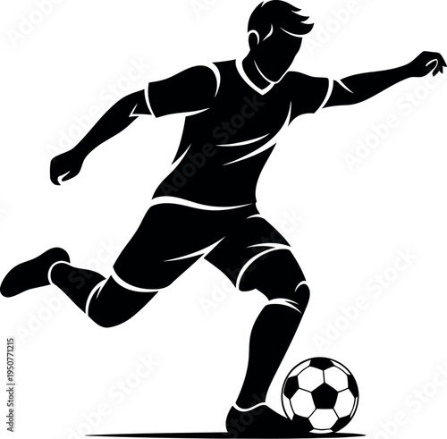 Black silhouette of a soccer player kicking a ball in motion