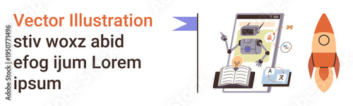 Education, innovation, exploration, artificial intelligence, digital learning, space travel. Robot illustration on a tablet with icons, book and rocket. Education and innovation