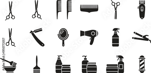 Barber Shop Icons, Hair Salon, Beauty Parlor, Scissors, Comb, Hairdryer, Razor, Shaving, Grooming, Stylist Tools, Haircut