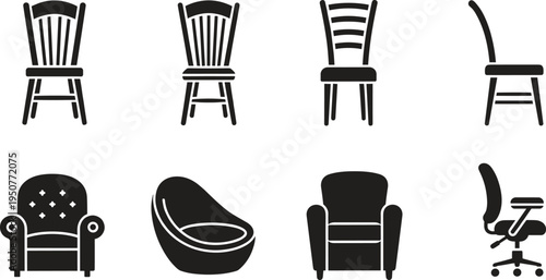 Black chair furniture icons, armchair silhouettes, wooden dining seat graphics, office swivel chair symbols, interior decor elements, comfortable home seating