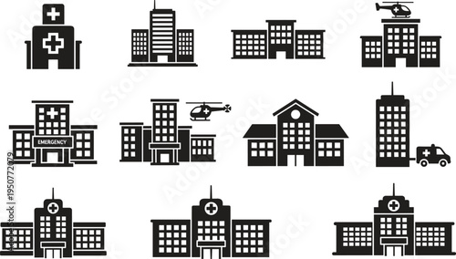 Black hospital building icons, medical clinic silhouettes, emergency healthcare architecture graphics, infirmary exterior symbols
