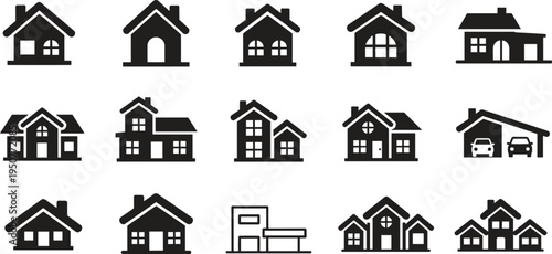 Black house building icons, residential real estate silhouettes, home exterior architecture, suburban property symbols, domestic villa and cottage