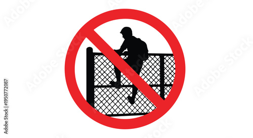 A red prohibition sign featuring a silhouette of a person climbing a fence with a diagonal line through it on a white background.