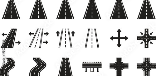 Road highway icons, asphalt street silhouettes, traffic junction and intersection symbols, winding path and bridge infrastructure, navigation directional arrows