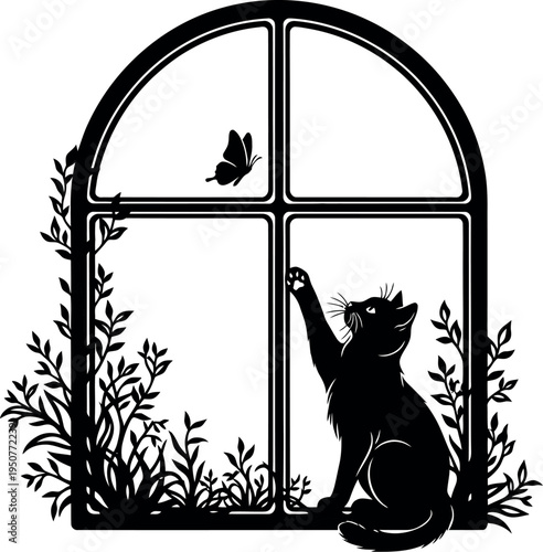 Black silhouette of a curious cat looking at a butterfly through a window