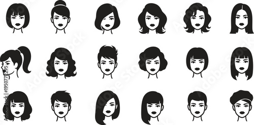 Solid silhouette vector icons of woman hairstyles, female hair types, fashion beauty avatars, bob cut, long hair, ponytail, pixie, bangs, wavy, salon.