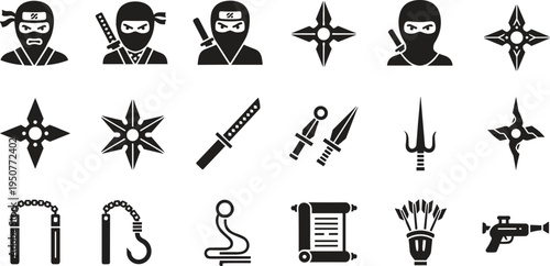 Solid silhouette vector ninja warrior icons including katana sword, shuriken stars, nunchaku, sai, kunai