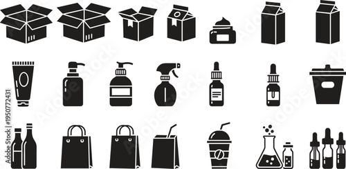 Solid silhouette vector packaging icons featuring cardboard boxes, milk cartons, pump bottles, spray containers, shopping bags, and cosmetic,