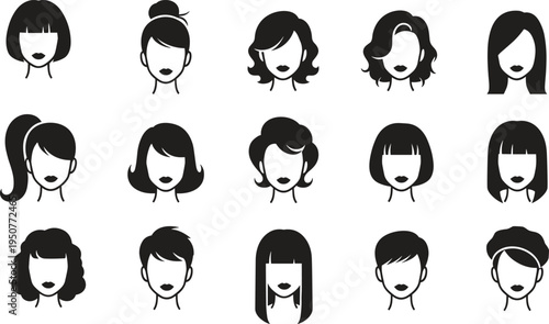 Woman hairstyle icons, female head silhouettes with various haircuts, beauty salon fashion avatars, lady hair style collection, glamourous bob and ponytail