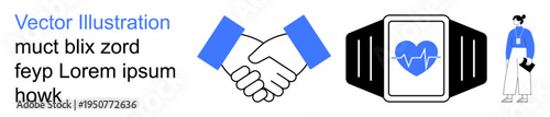 Healthcare collaboration, wearable technology, professional communication, medical innovation, teamwork, digital health. Handshake, smartwatch with heart rate icon and businessperson. Healthcare