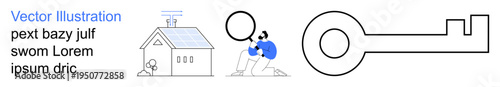 Home security, online data safety, key access, property protection, information analysis, surveillance. Visual elements include a person with a magnifier, a house and a key symbol. Home security
