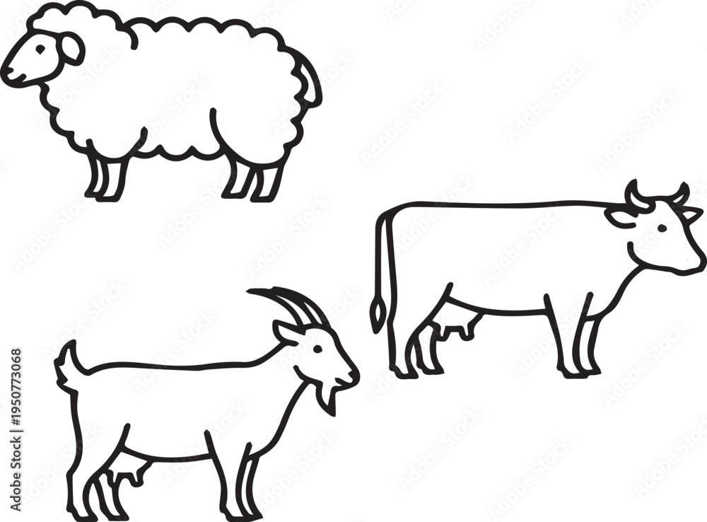 Fototapeta premium Black and white line drawing of a sheep, cow, and goat standing
