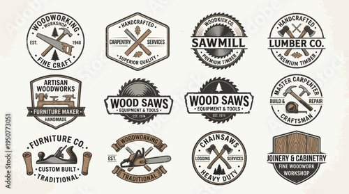 Vintage Carpentry and Woodworking Logo Set with Saw Blade Hammer and Carpenter Tools Badges