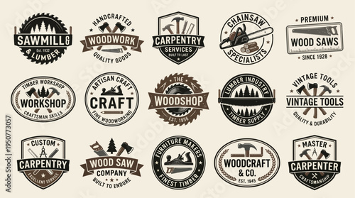 Vintage Carpentry and Woodworking Logo Set with Saw Blade Hammer and Carpenter Tools Badges
