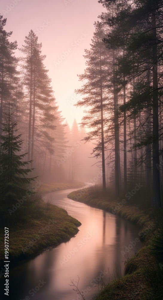 Fototapeta premium Serene forest landscape with a winding river and tall trees at sunrise natural scenery