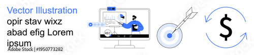 Business strategy, target setting, financial planning, marketing campaigns, economic growth, and digital dashboards. A person analyzing data on a monitor, target with arrow money symbol. Business