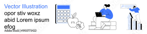 Business strategy, education, financial management, healthy living, data analysis, vision planning. Calculator, apple person with laptop and bar graph. Financial management and education concepts