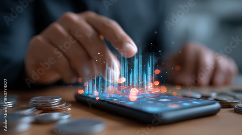 Mobile finance management concept with person checking real time transactions, digital income and expense tracking, and financial data analytics on smartphone for personal budgeting and smart banking