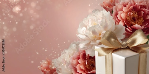 Luxury floral gift composition with golden bow, pastel peony bouquet, and sparkling confetti perfect for premium branding.