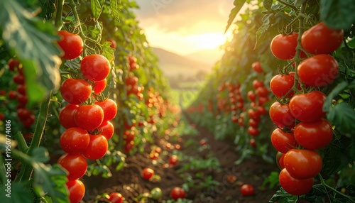 Vibrant ruby red tomatoes, abundantly ripe and cascading from their lush green vines, thrive in a sun-kissed field, basking in the warm golden light of a beautiful sunset.