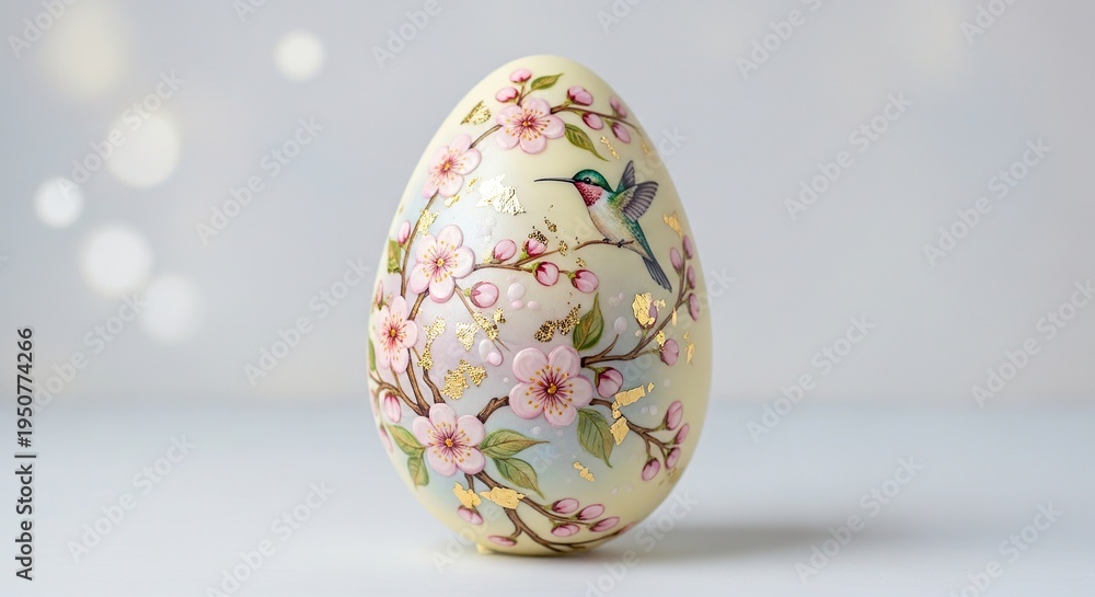 Fototapeta premium Elegant hand-painted Easter egg with cherry blossom branches, hummingbird, and gold leaf details on soft yellow surface, bokeh background. 