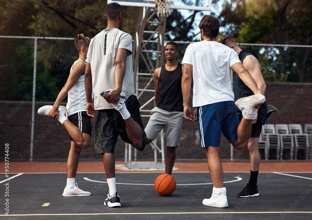 Obraz premium Basketball, fitness and stretching with friends outdoor together for start of competition or game. Exercise, preparation and warm up with group of people getting ready for sports challenge on court