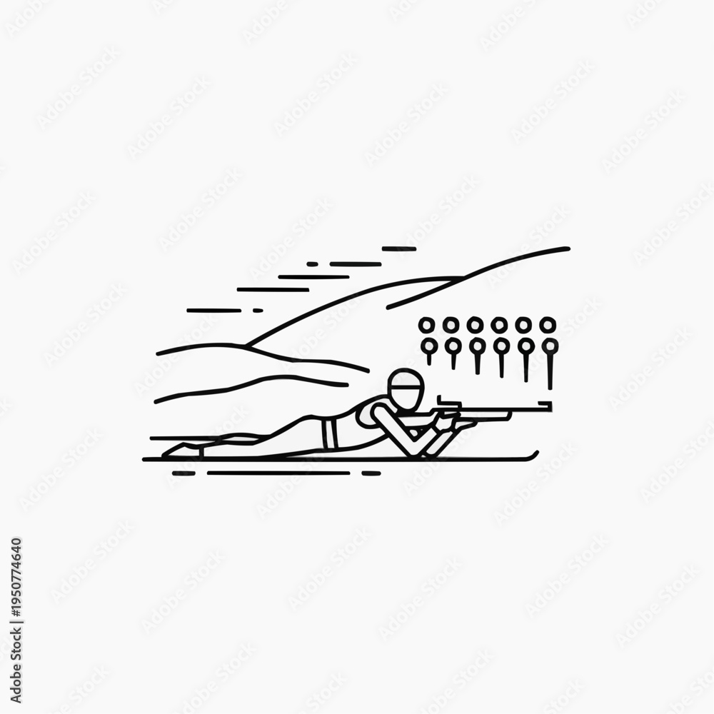 Fototapeta premium Biathlete aiming at targets while lying on the ground in winter landscape 