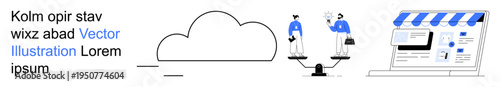 Business technology, cloud services, e-commerce, digital strategy, online balance, modern design. Cloud icon, people on a scale online store interface. Cloud services and e-commerce integration