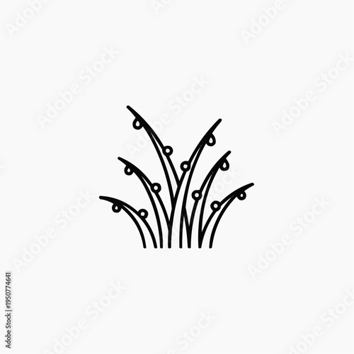 Grass with dew droplets in minimalist line art style  