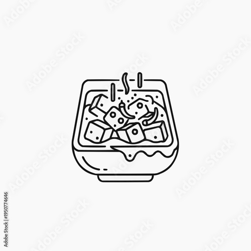 Line art of mapo tofu in a bowl with steam rising  