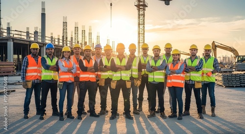 A group of construction workers wearing safety gear standing together on a building site at sunset
