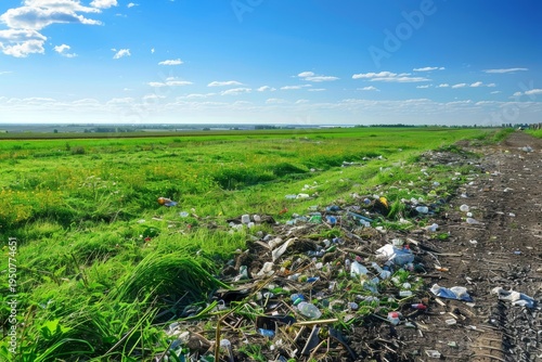 Pollution in green field under blue sky with plastic debris