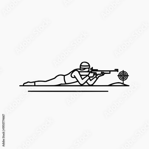 Biathlon shooter aiming at target in a prone position  