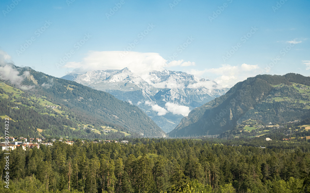 Fototapeta premium Panoramic View of Swiss Alps Mountains and Glacier, Stunning Alpine Landscape Along the Glacier Express Scenic Railway
