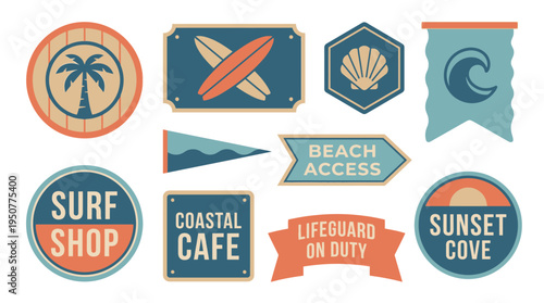 Set of Vintage Beach and Surf Shop Signs and Labels. Vector Illustrations. EPS Editable